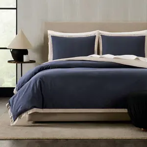 Jeremiah Brent Home 3pc Full/Queen Contrast Border Cotton Slub Reversible Cotton Duvet Set Blue