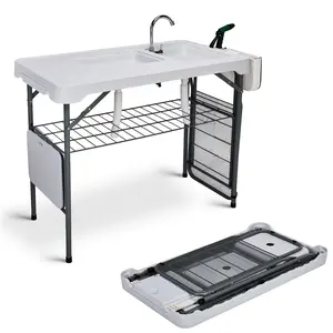Fish Cleaning Table with Dual Sink, Portable Folding Camping Table with Foldable Extension Stand, Faucet, Sprayer, Grid Rack & Hose Hook Up, Outdoor Sink Station for Picnic