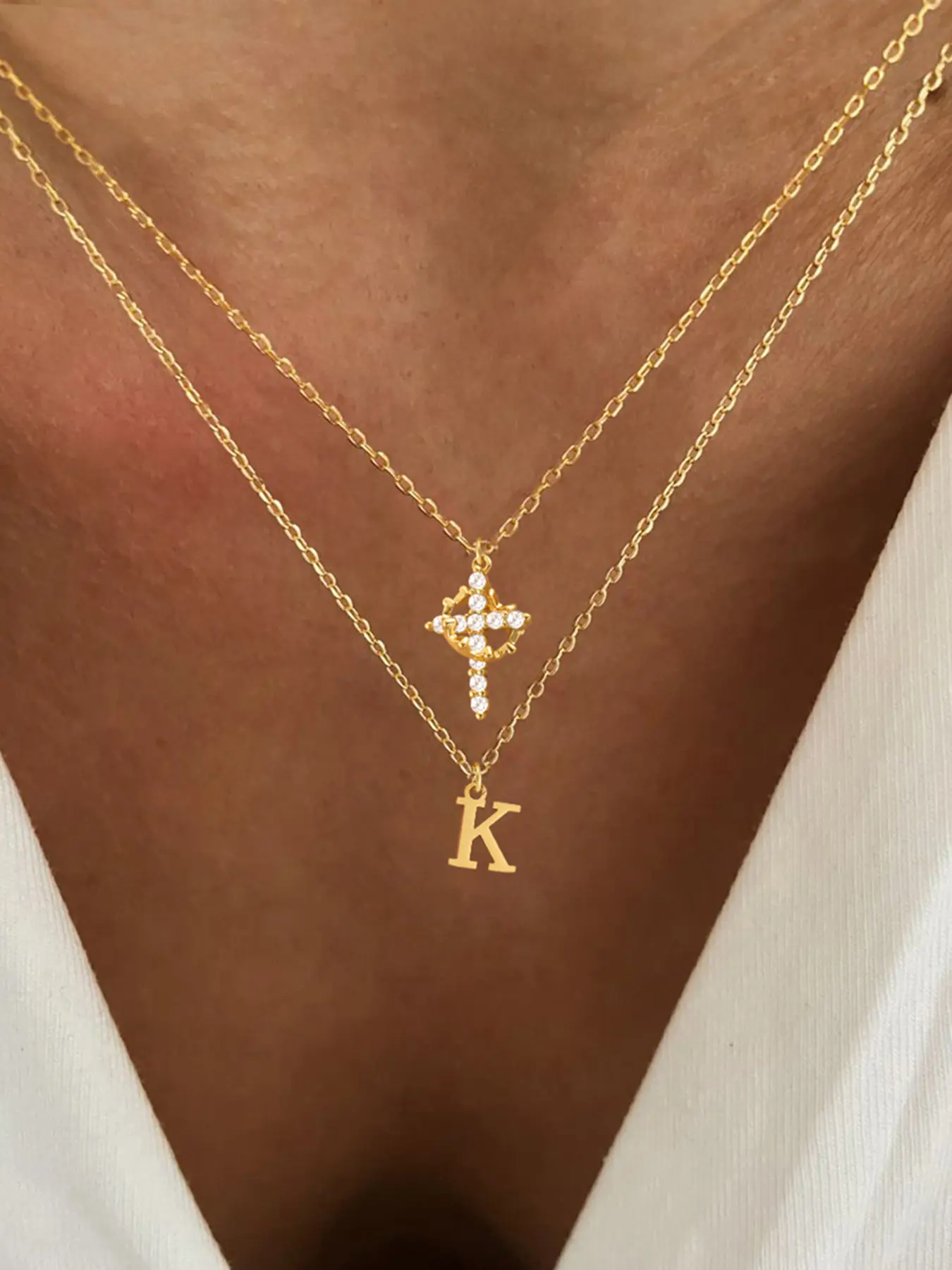 Women's Stainless Steel Layered Chain Necklace Set, Elegant Letter Zirconia Crown Cross Pendant Design, All-Season Jewelry, Dainty Necklace, Alphabet Necklaces, Dainty Layering Jewelry