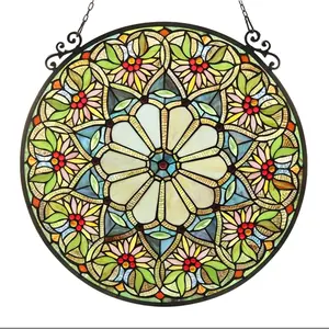 212 MAIN Hanging Antique Stained Glass Floral Window Panel Lighting - 23.5 in., Colorful, Antique Bronze Copper Frame, Black Metal, Baby & Maternity Home Decor, Room Decoration