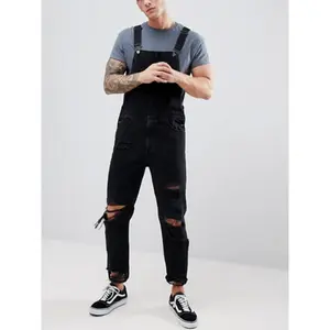 Men’s black polyester denim overalls with ripped knees — adjustable straps, loose fit, party style, machine washable, casual party wear | modern overalls | stylish patchwork