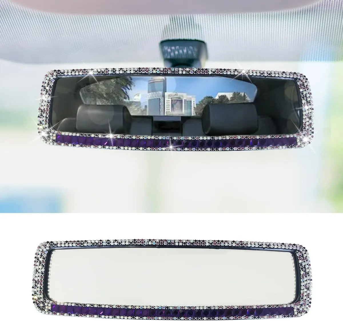Bling Car Rear View Mirror, ClipOn Rhinestone Car Rearview Mirror with Crystal Diamonds, HD Glass Auto Interior Rear View Mirror, Car Decoration Accessories for Women Men Teens (Purple)