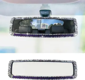 Bling Car Rear View Mirror, ClipOn Rhinestone Car Rearview Mirror with Crystal Diamonds, HD Glass Auto Interior Rear View Mirror, Car Decoration Accessories for Women Men Teens (Purple)
