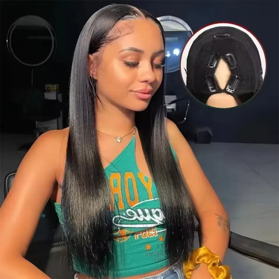 [V Part Wig] Bling Hair Straight V Part Drawstring Glueless Wig 180 Density Brazilian Hair Glueless Ready To Wear Upgrade Human Hair Wig for Women Beginner Friendly
