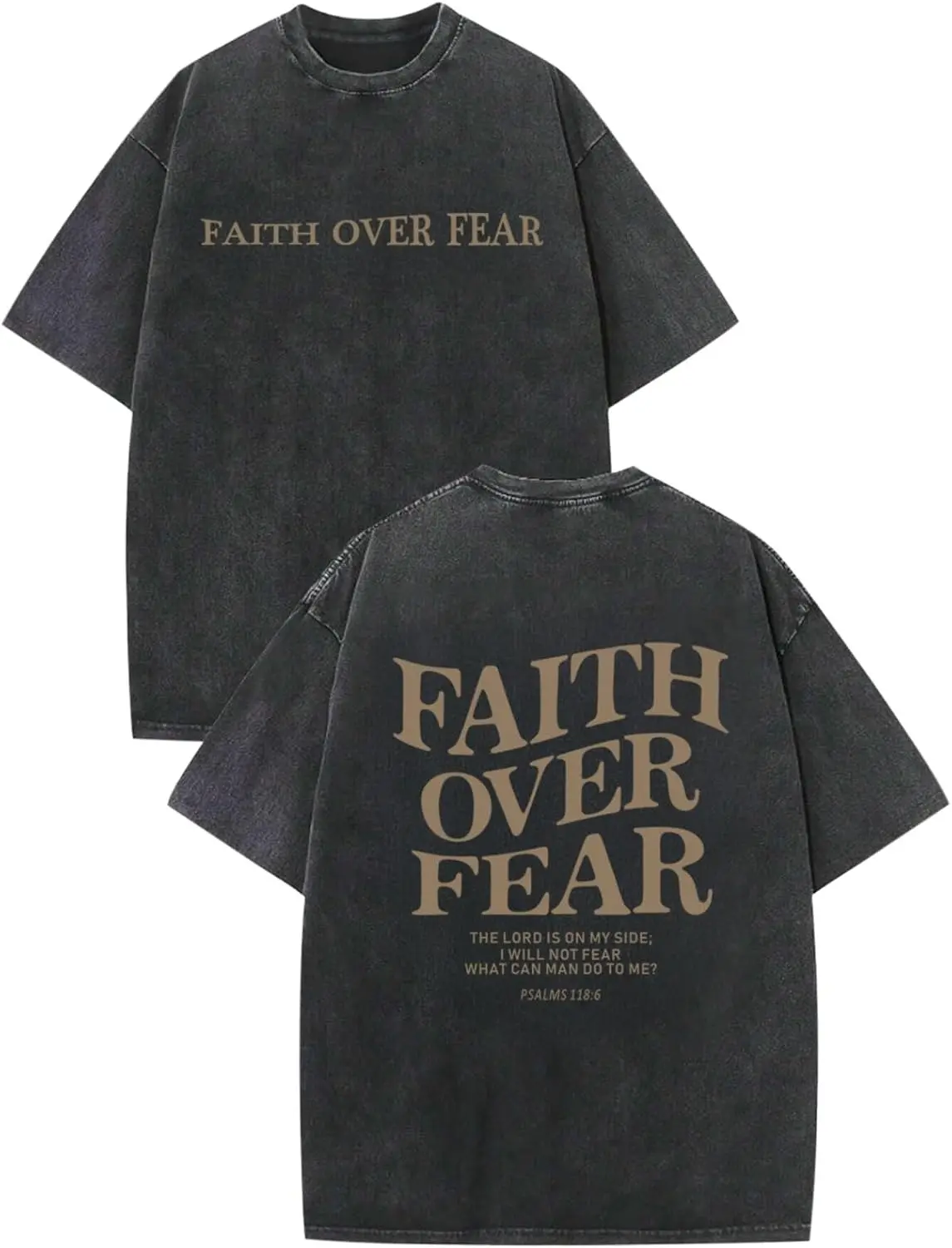 Men's Christian Graphic T-Shirt, Double Sided Faith Over Fear Print, Vintage Washed Heavyweight Cotton, Minimalist Workwear Vibe, Cargo Pants, Wrinkle