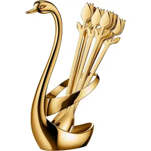 Small Coffee Spoon Holder Set,Swan Base With 12 count Demitasse Espresso Spoons Set,6" Mini /Rose Dessert Spoon,Stainless Steel  Spoons