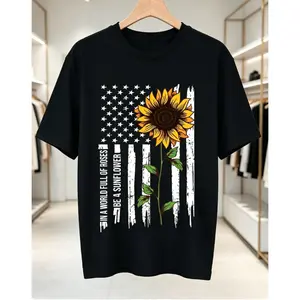 In A World Full Of Roses Be A Sunflower T-Shirt, American Flag Sunflower Tee, Patriotic Summer Shirt, Inspirational Gift For Women