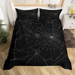 Spider Web Bedding Duvet Cover Set,Halloween Theme Spider Print Bedding Set,Black White Decor Comforter Cover,Trick or Treat Bedspread Cover