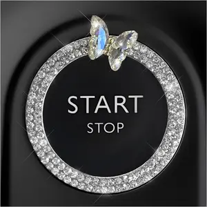 Bling Ring Emblem Car Accessories, Sparkling Butterfly Car Buttons and Knobs Ring, Girly Butterfly Diamond Car Engine Start Button Cover, Key Ignition Knob Ring Decoration for Women (White)