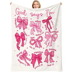 Pink Bow Print Soft Flannel Christian Throw Blanket - "God Says I Am" Bible Verses Inspirational Gift for Women - Coquette Look Religious Decor for Home Sofa