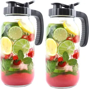 Mason Jar Pitcher 64 Oz With Handle Lid 2 Quart Sun  Glass Jar For Iced Hot Water 2 Set Wide Mouth Half Gallon Mason Jar Pitcher For Fridge Store Breast Milk Beverage  Coffee Airtight Water Jug