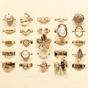25Pcs Women's Ring Set, Chunky Statement Flower Midi Rings, Large Boho Stackable Finger Jewelry