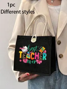 Best Teacher Letter Floral Print Linen Tote Bag, Leopard Print Tote, Reusable Women's Shopping Bag, Large Capacity Shoulder Bag, Perfect Gift for Teachers Day, Letter Printed Bag