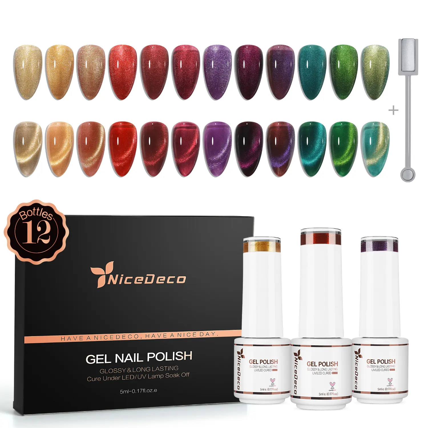 nicedeco 12 Piece Cat Eye Gel Nail Polish Kit, Hema-Free & Vegan Formula, Long-Lasting Glossy Finish, Soak Off UV Polish for Manicure, Nail Art, Gentle, Cosmetic, Low Odor, Beauty Products