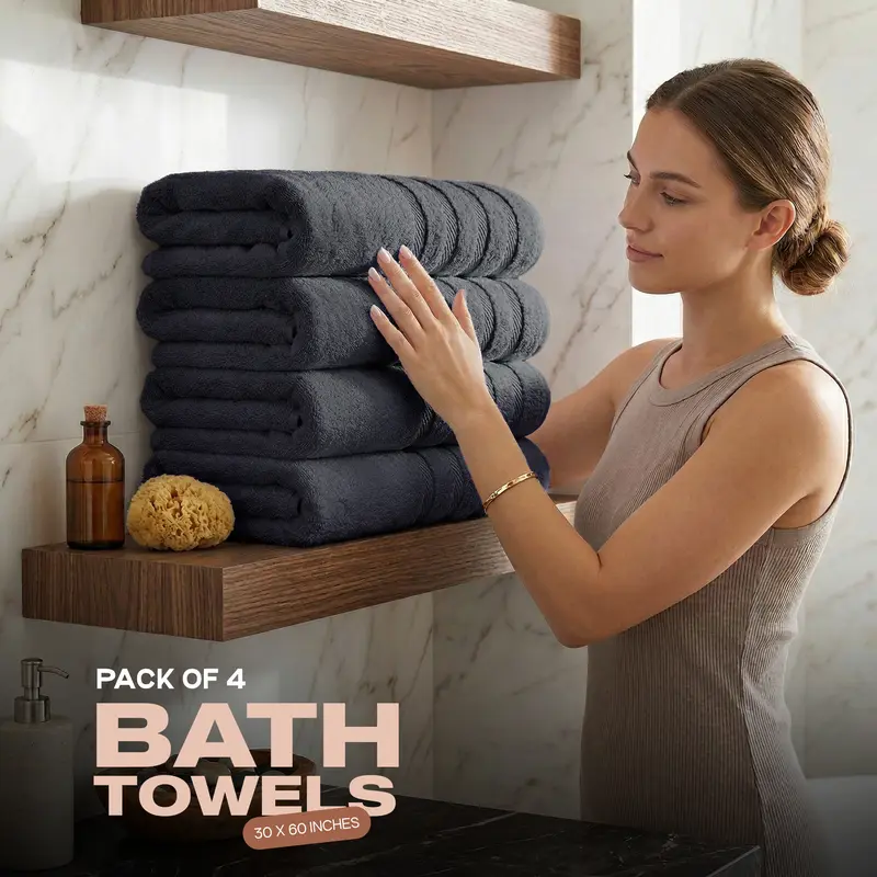 4-Pack 100% Combed Cotton Towel Sets, 30x60in Oversized Bath Towels, Absorbent Quick Dry Soft Unisex Premium Weave for Home Bathroom Daily Drying Needs