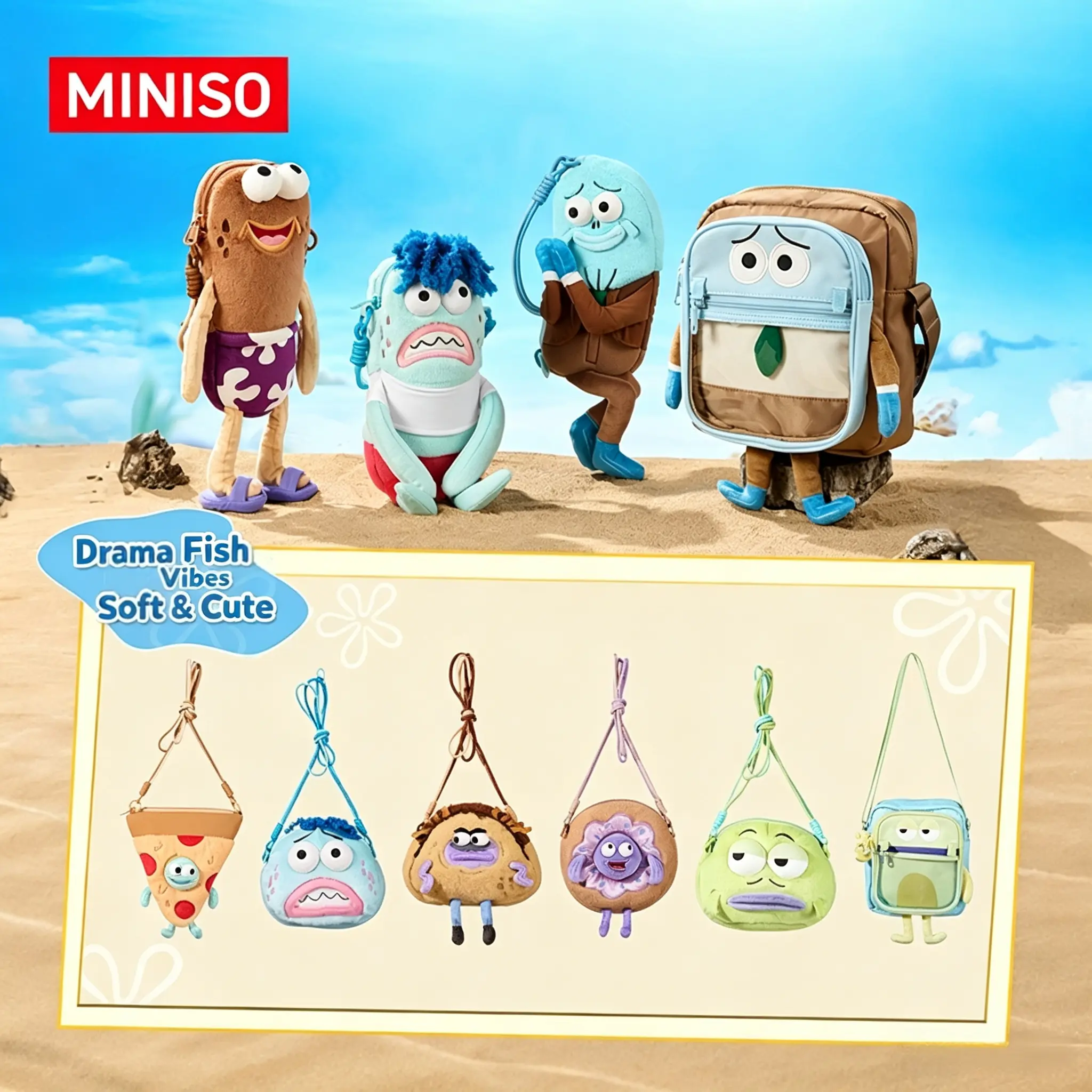 Miniso SpongeBob SquarePants Bubble Bass Plush Crossbody Bag for Kids, Cute Cartoon Soft Stuffed Toy Purse with Shoulder Strap, Plush Toy
