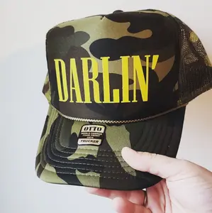 Otto World Famous Brand Trendy Camo Foam Trucker Hat with Darlin' Yellow Lettering Adjustable Snapback for Men & Women Casual Wear Country Concert Hat Day Drinking