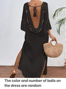 Women's Loose Fit Casual Beach Cover-Up Dress, Backless Tie Up Design, With Balls Decoration, Perfect for Summer & Vacation Wear, Swim Cover Ups, Swimwear Cover Up