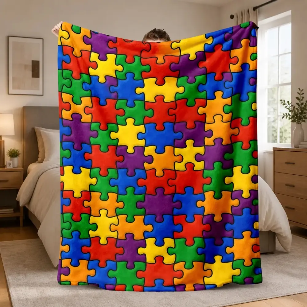 2026 New 1pc 2D Flat Flannel-Micro Polyester Puzzle Blanket, Ultrasoft Warm Fluffy Texture, Colorful Patchwork, Multi-Size Washable Fabric Bedding Throw for Indoor/Outdoor Use