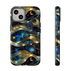 Stained Glass Celestial Moon Wave Printed Phone Case  Stained Glass Effect Stars And Moon Design Phone Cover  iPhone 15 14 13 12 11 X 8 7 Series