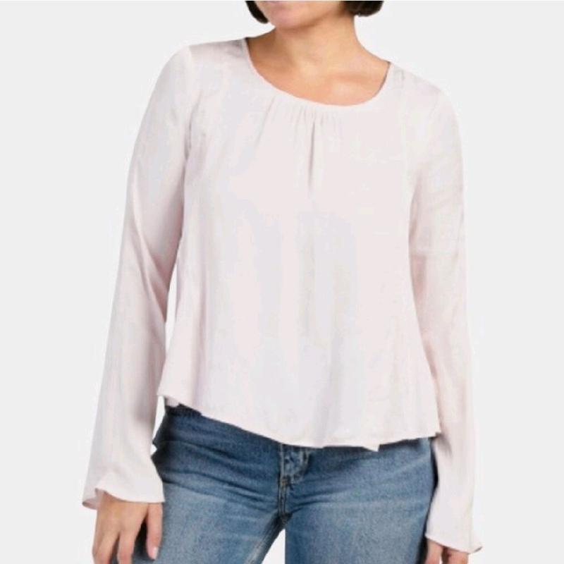 Free People Aarabella Satin Top Blush Pink Long Sleeve Blouse with Back Lace-Up Detail Size S NEW