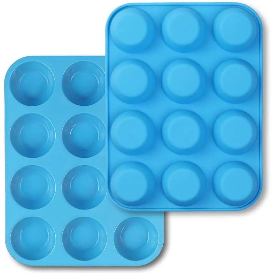 Durable Non-Stick 12-Cup Capacity Muffin Pan Set (Pack of 2), 11.5*8.8*1.3 Inches Heat Resistant Muffin Tray, Oven-Safe Baking Tin for Cupcakes, Egg Bites, Dish-Washable - Blue, Remarkable Non-Stick, Synthetic