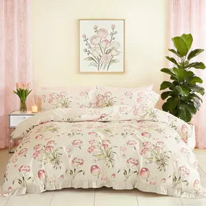 3-Piece Tulip Floral Bedding Set, French Vintage Ruffle 1 Duvet Cover + 2 Pillowcases, No Insert ，Soft Comfortable Fabric, Perfect Birthday Gift