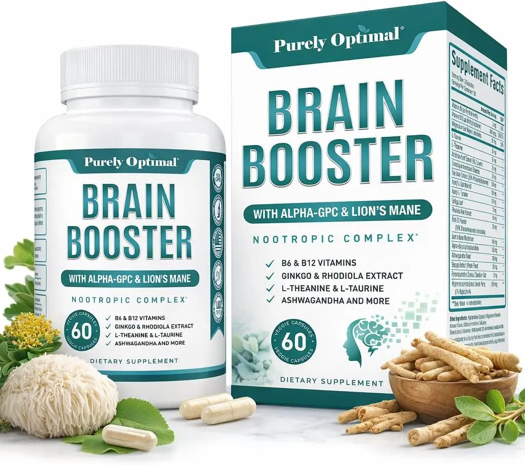 Purely Optimal Brain Booster Nootropic Supplement for Memory Focus Clarity Jitter-Free Energy Advanced Cognitive Brain Support for Adults and Seniors with Ginkgo Biloba Alpha GPC Lions Mane Mushroom Mind Health Formula Daily Capsules 60 Count
