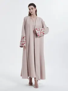 Women's Heart Embroidery Long Sleeve Abaya without Dress, Elegant Open Front Abaya for Daily Wear, Ladies Islamic Clothing for All Seasons