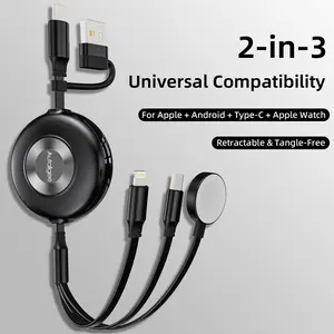 2-Pack 3-in-1 Retractable Multi Charging Cable, 1.1M Universal USB Charger with Watch Wireless Charging, Compatible with iPhone/Samsung/PS/Kindle, Portable Car & Travel Essential