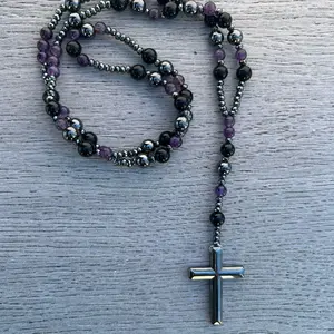 Customized  natural Amethyst, Black Obsidian & Hematite Rosary with Hematite Cross Pendant