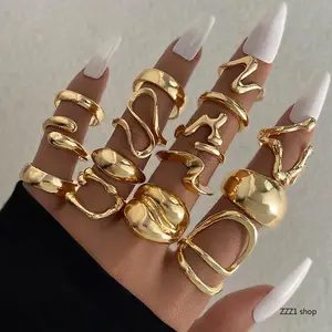 Chunky Gold Ring Set for Women, Minimalist Liquid Metal Knuckle Rings, Trendy Wavy Line Melted Lava Coffee Bean Hollow Geometric Smooth Dome Jewelry Gift Daily