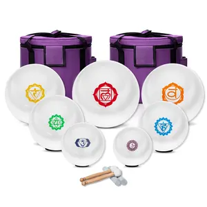 Quartz Crystal Singing Bowls 6-12inch Set of 7 Chakra Symbol Design, for Mindfulness Meditation Yoga Sound Baths Wooden Percussion