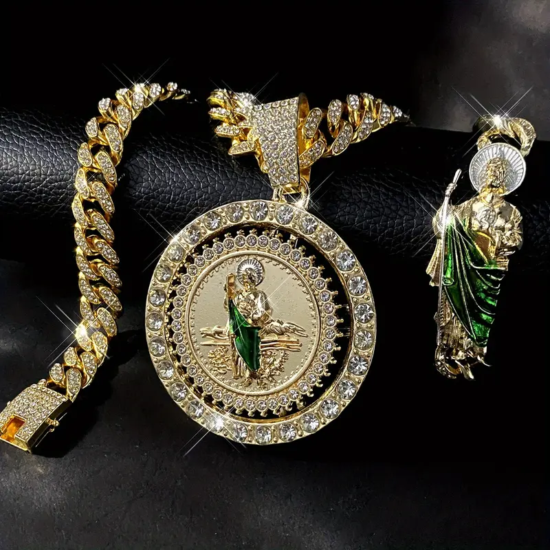 3Pcs San Judas Tadeo Pendant Necklace Set, San Judas Tadeo Big Round Plaque Rotatable Pendant Necklace Bracelet Set, Rhinestone Embellishment, Zinc Alloy, Street Style Jewelry for Men and Women, Holiday Gift