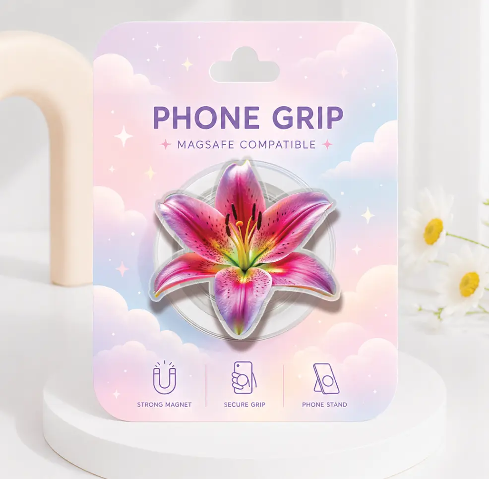 ATBG Pink Stargazer Lily MagSafe Phone Grip, Floral Magnetic Phone Holder, Cute Pink Lily Pop Socket, Tropical Flowers Acrylic Kindle Grip, Gift for Her
