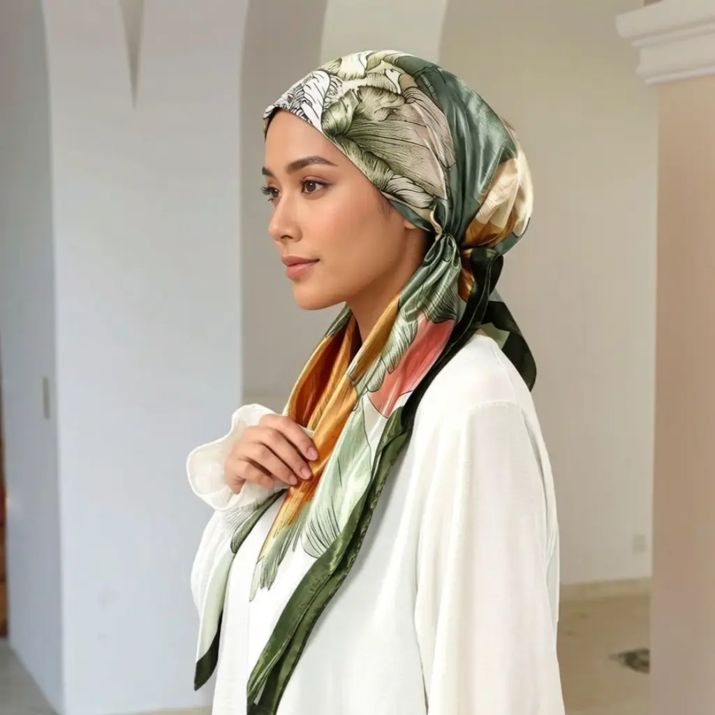 Elegant Satin Hijab Scarf with Floral Pattern, Perfect for Daily Wear, Elastic Fit Design, Soft Breathable Material