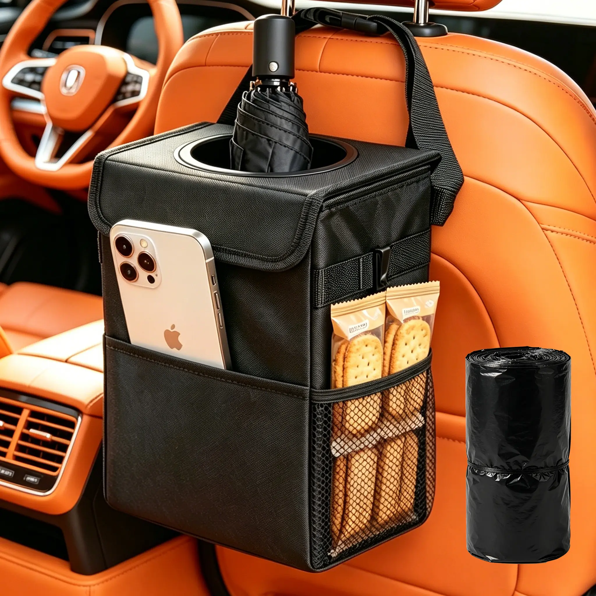 Car Trash Can with Lid – Leakproof Collapsible Car Trash Can, Foldable Auto Trash Can for Car Interior, Automotive Accessories Road Trip Essentials for Women Men