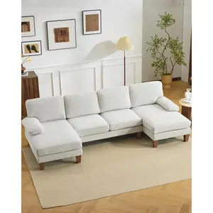 Karl home 110" U-Shape Sectional Couches for Living Room Chenille Upholstery 4 Seat Sofa Set with Double Chaises & Wood Grain Legs for Apartment, White