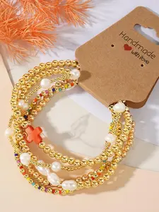 Colorful Cross Pearl Bracelet Set, Boho Style, Elastic Beaded Wristband, Daily Wear Jewelry, Cute Girl Fashion Accessory, Bracelet Stack, Stackable Bracelets