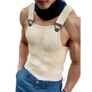 INCERUN Men's Casual Ribbed Knit Buckle Vest Solid Color Sleeveless Square Neck for Nightclub Party Vacation - Polyester Elastane Blend - Fabric