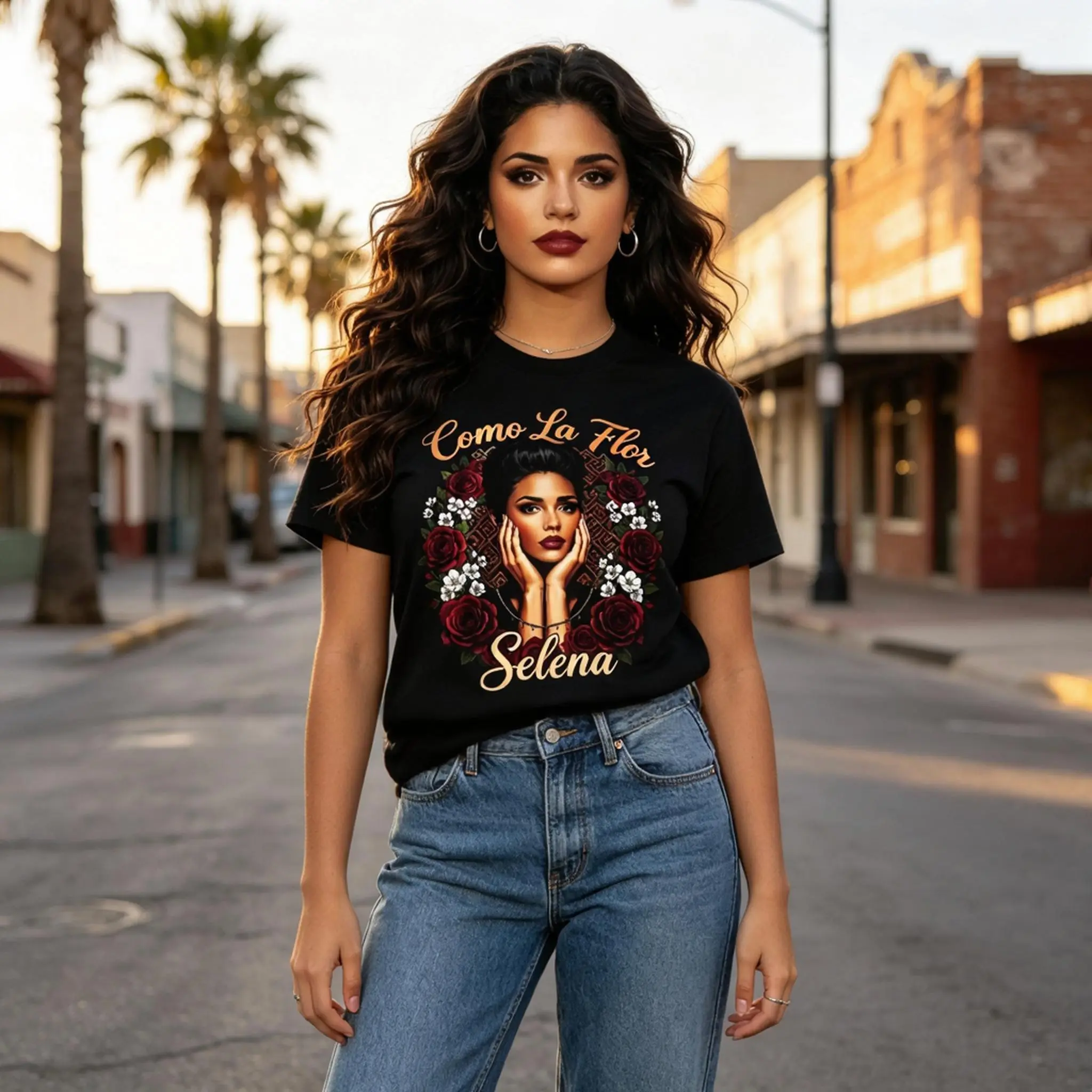 Women's White Selena Quintanilla "Como La Flor" Portrait T-Shirt | Latin Music Legend Rose Print | Casual Daily Wear Fan Gift | Regular Fit Soft Cotton
