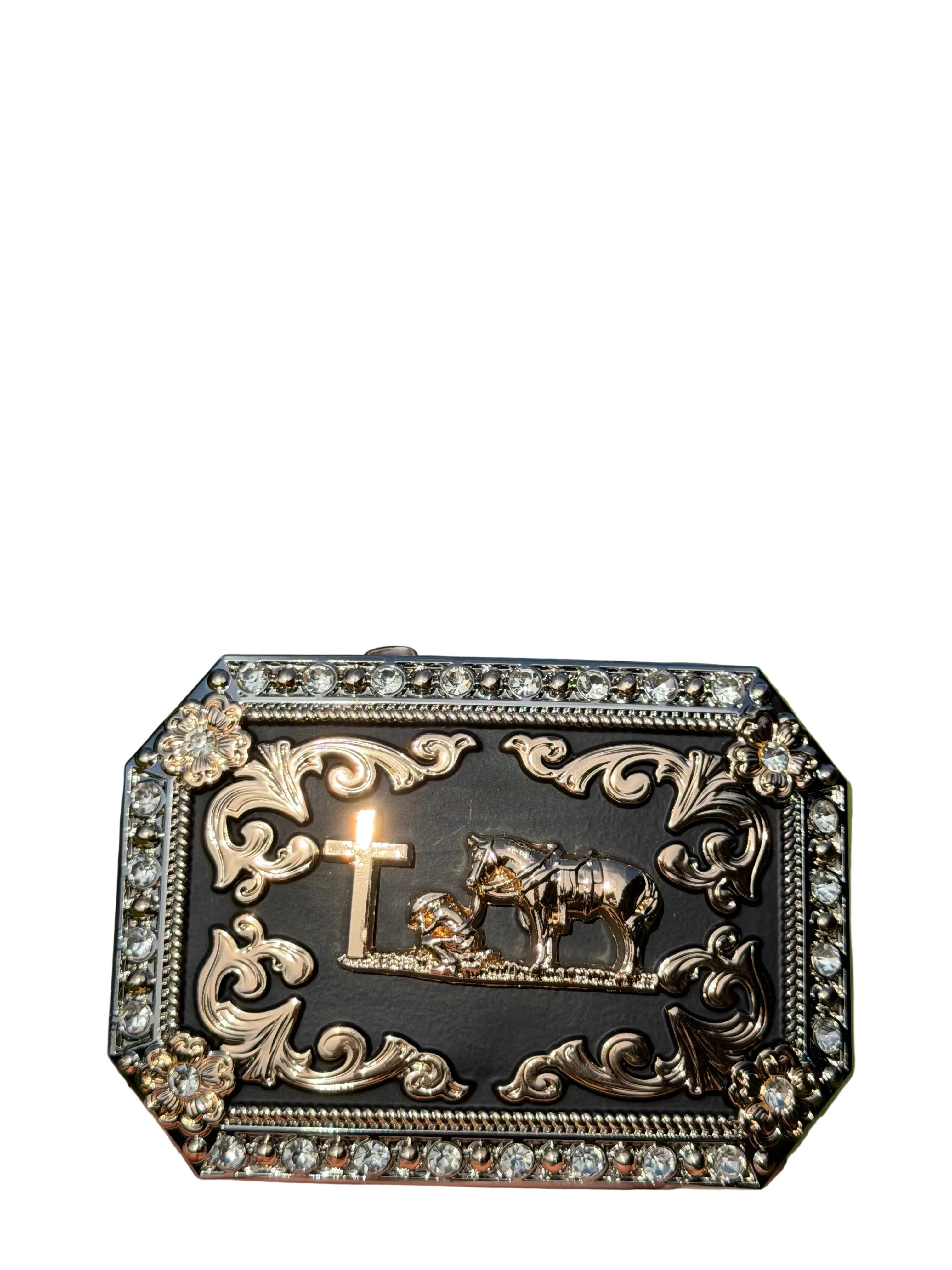 Western Christian Belt Buckle – Cowboy Prayer Cross Horse Rhinestone Gold &amp; Black Buckle