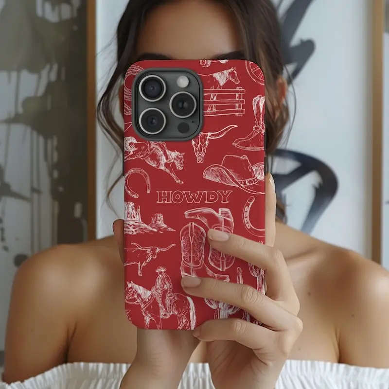 Red Cowgirl Western Durable Smartphone Case - Shock Absorbent Dual-Layer Protective Accessory Shell with Raised Bezels, Precise Cutouts for iPhone 1-17 Pro, Max, Air, Plus Cellphone Devices, Protection