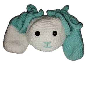 Handmade Crochet Bunny Plushie with Teal Ears and Soft White Perfect for Hugs and Play