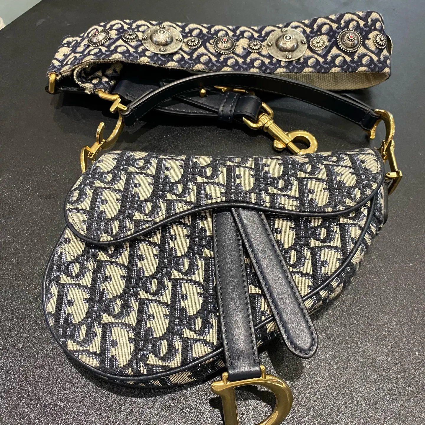 Pre-owned Dior Mini Saddle Bag in blue Dior Oblique jacquard with embroidered shoulder strap XH135