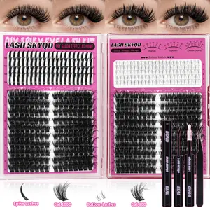LASH SKYQD 480pcs 4 Styles D Curl False Eyelash Cluster Kit, Bottom/Spike/Cat 100D/Cat 80D Volume Lash Extensions Kit With Lash Bond and Seal Tweezers, Perfect for Beginners & Proficient, DIY at Home Easily, Easy Apply for Makeup Daily
