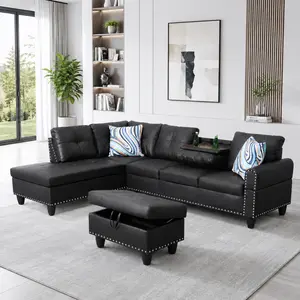 97.5" Modular Sectional Sofa Couch with Storage Ottoman, L Shaped Living Room Sofa Set, Breathable Leather Couch with Cup Holders, Left or Right Chaise