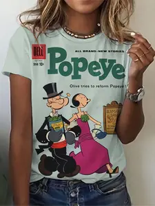 Women's Vintage Popeye Cartoon Print Short Sleeve T-Shirt, Cute Retro, Skin-Friendly Breathable, Casual Daily Wear for Cartoons Lovers