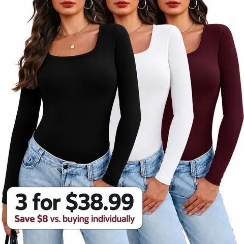 WIHOLL Women's Long Sleeve Thermal Shirts - Light Fleece Square Neck Tops, Slim Fit Solid Ribbed Basic Tees for Fall 2026 with Thermal Warmth