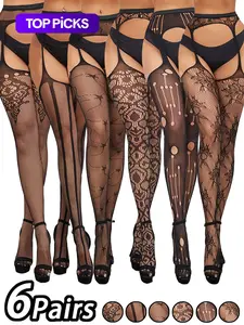 Women's Solid Graphic / Floral Hollow Out Sheer Garter Fishnet Stockings, Sexy Comfy Breathable Thigh High Stockings for Party, Ladies Stockings for All Seasons, Soft Breathable Lingerie, Womenswear